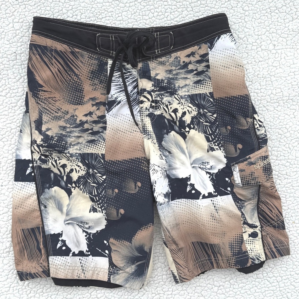 Speedo Mens Board Shorts Black Tan White‎ Hibiscus Tropical Swim Trunks Size M